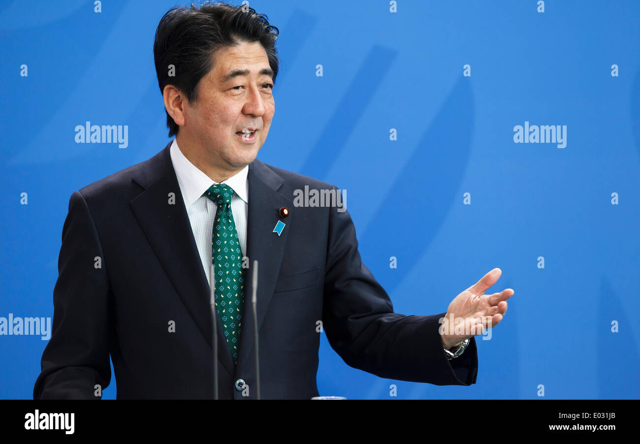 Berlin, Germany. April 30th, 2014. Shinzo Abe, Prime Minister of Japan, and German Chancellor Angela Merkel gives a joint press conference at Chancellery in Berlin. / Picture: Shinzo Abe, Prime Minister of Japan Stock Photo