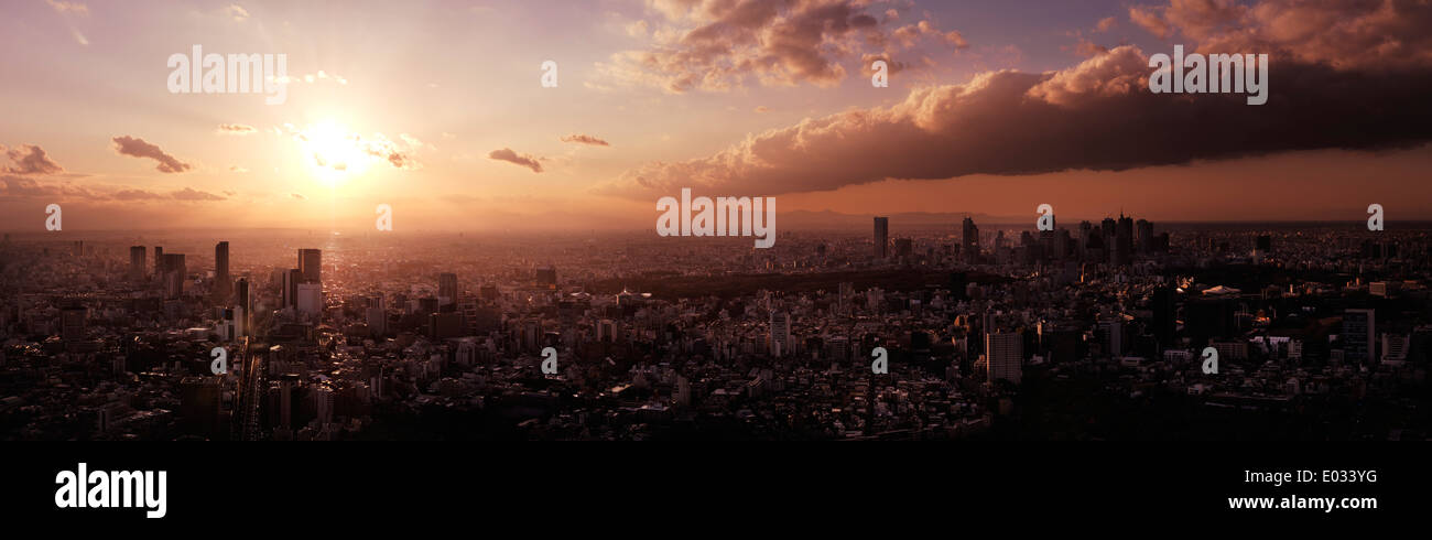 License available at MaximImages.com - Dramatic panoramic aerial sunset scenery of Tokyo city landscape lit with bright yellow sun. Tokyo, Japan. Stock Photo
