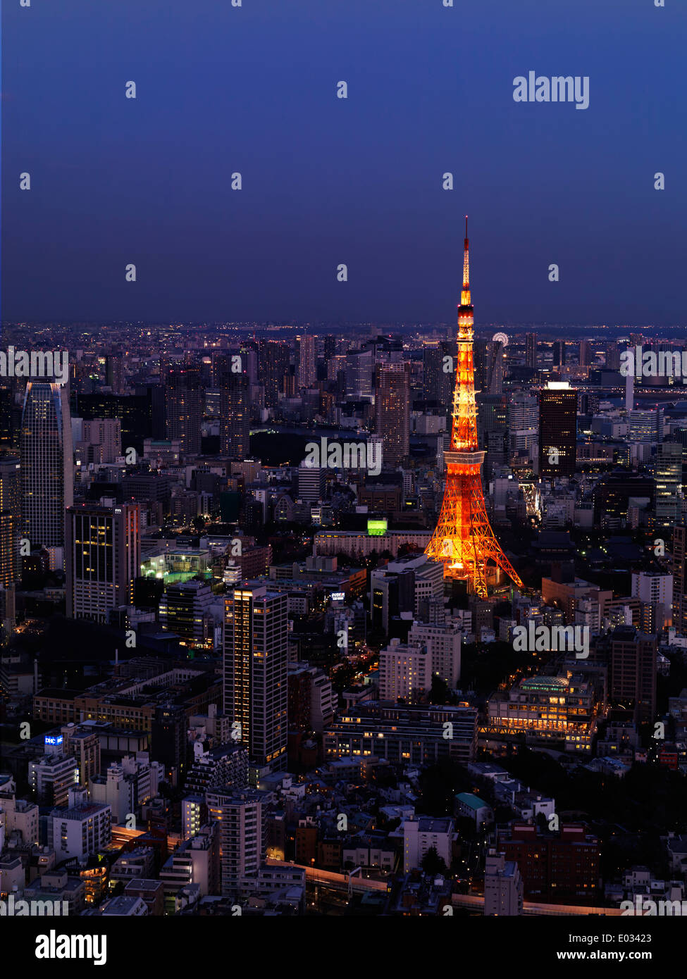 License available at MaximImages.com - Illuminated red Tokyo tower at nighttime. Tokyo, Japan. Stock Photo