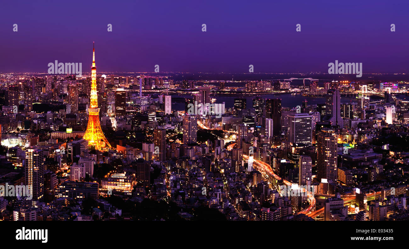 License available at MaximImages.com - Colorful Tokyo city night landscape with brightly lit Tokyo tower. Japan. Stock Photo
