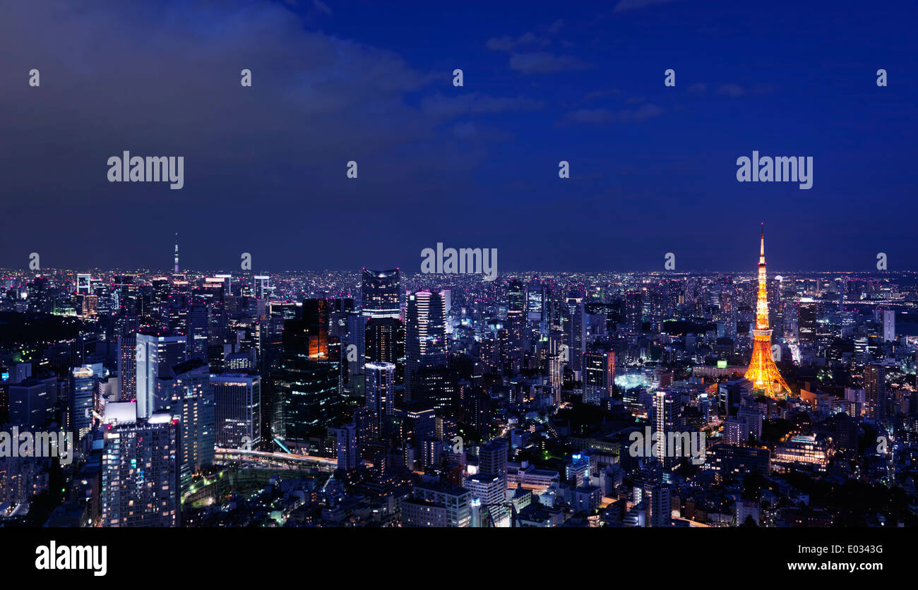 License available at MaximImages.com - Artistic panoramic nighttime scenery of illuminated Tokyo tower in city landscape with Tokyo Skytree in the bac Stock Photo