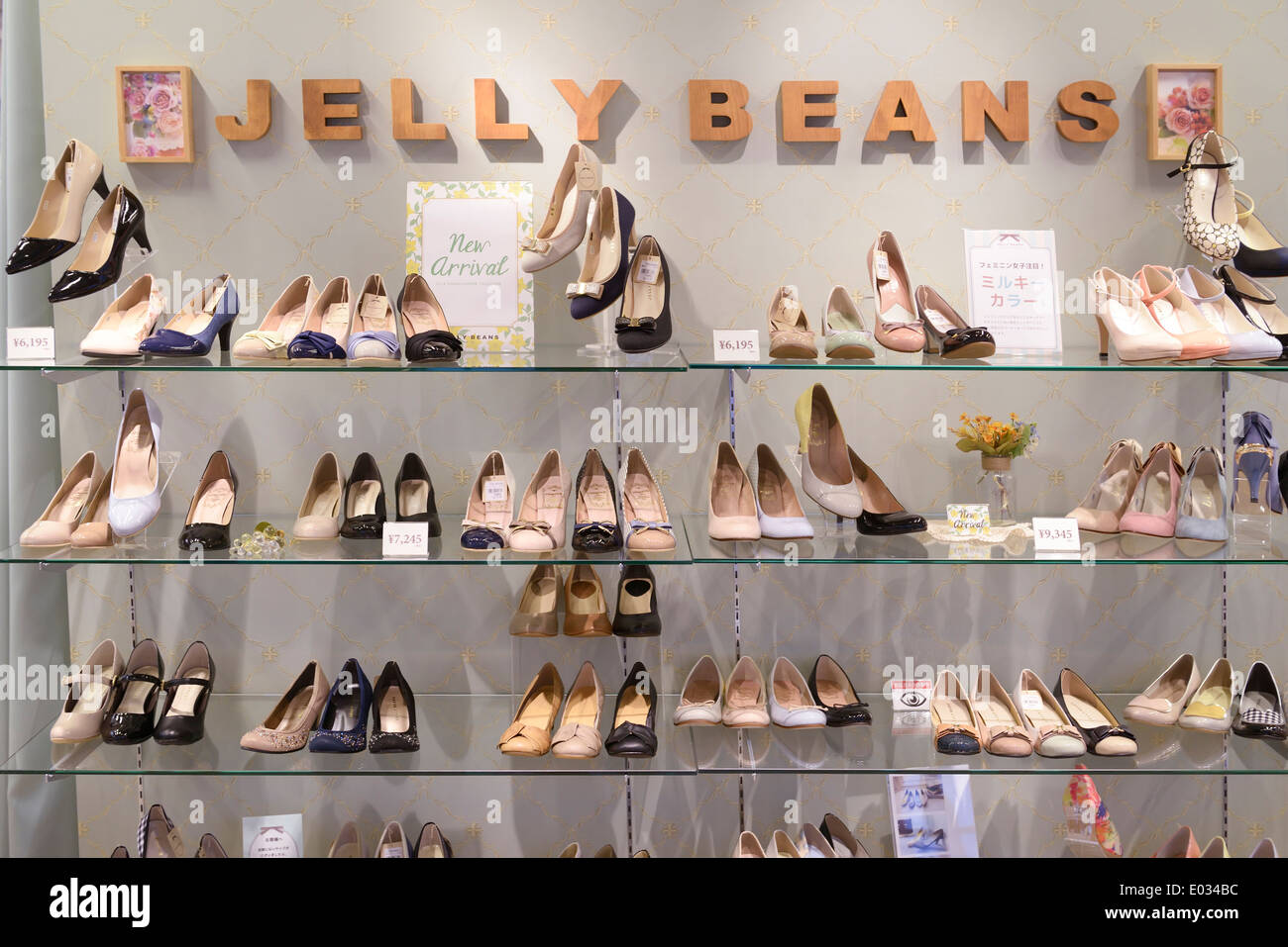 Women shoes on shelves of Jelly Beans store display in Tokyo, Japan. Stock Photo