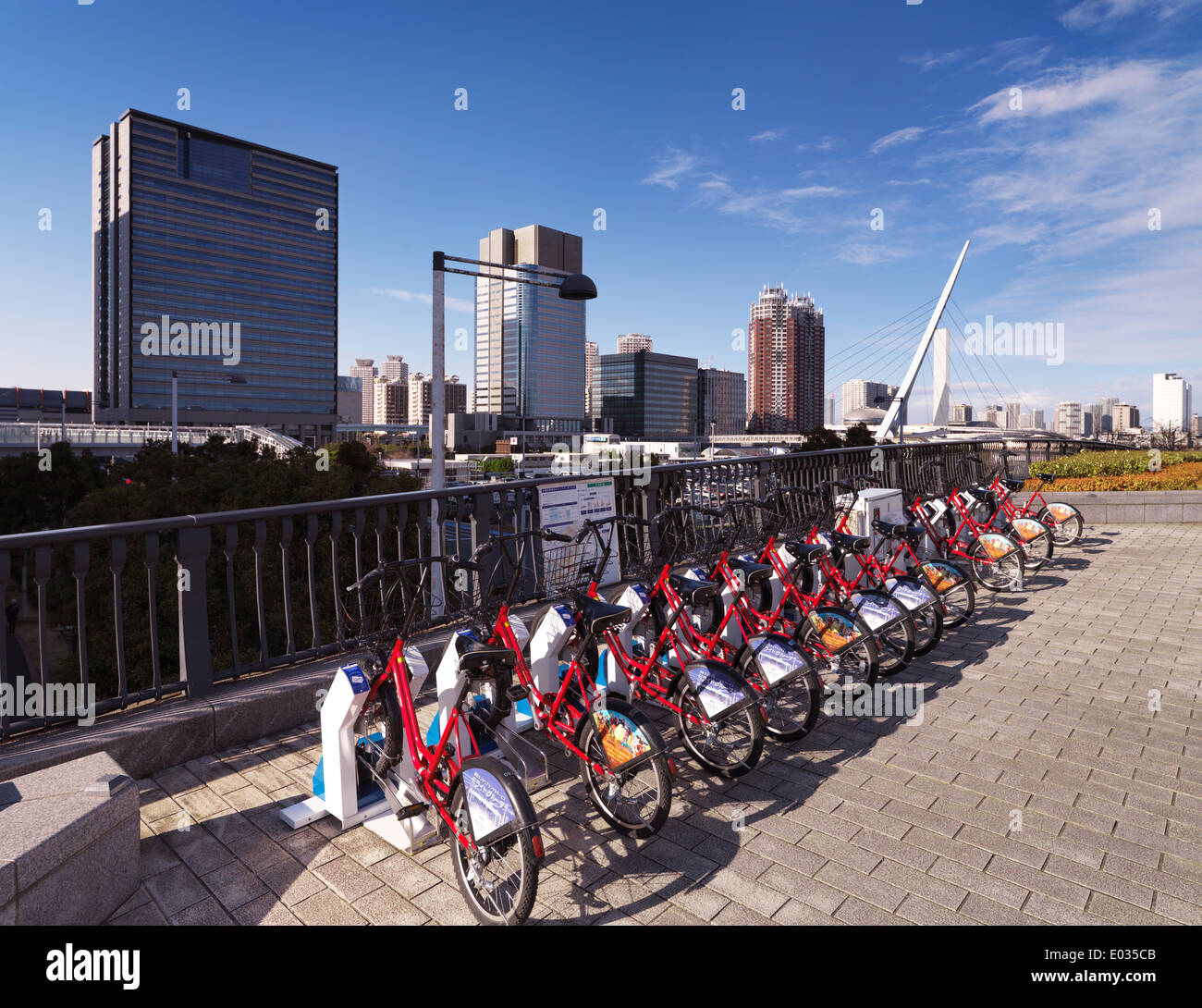 Rental bicycles on a street in Odaiba Tokyo Japan Stock Photo