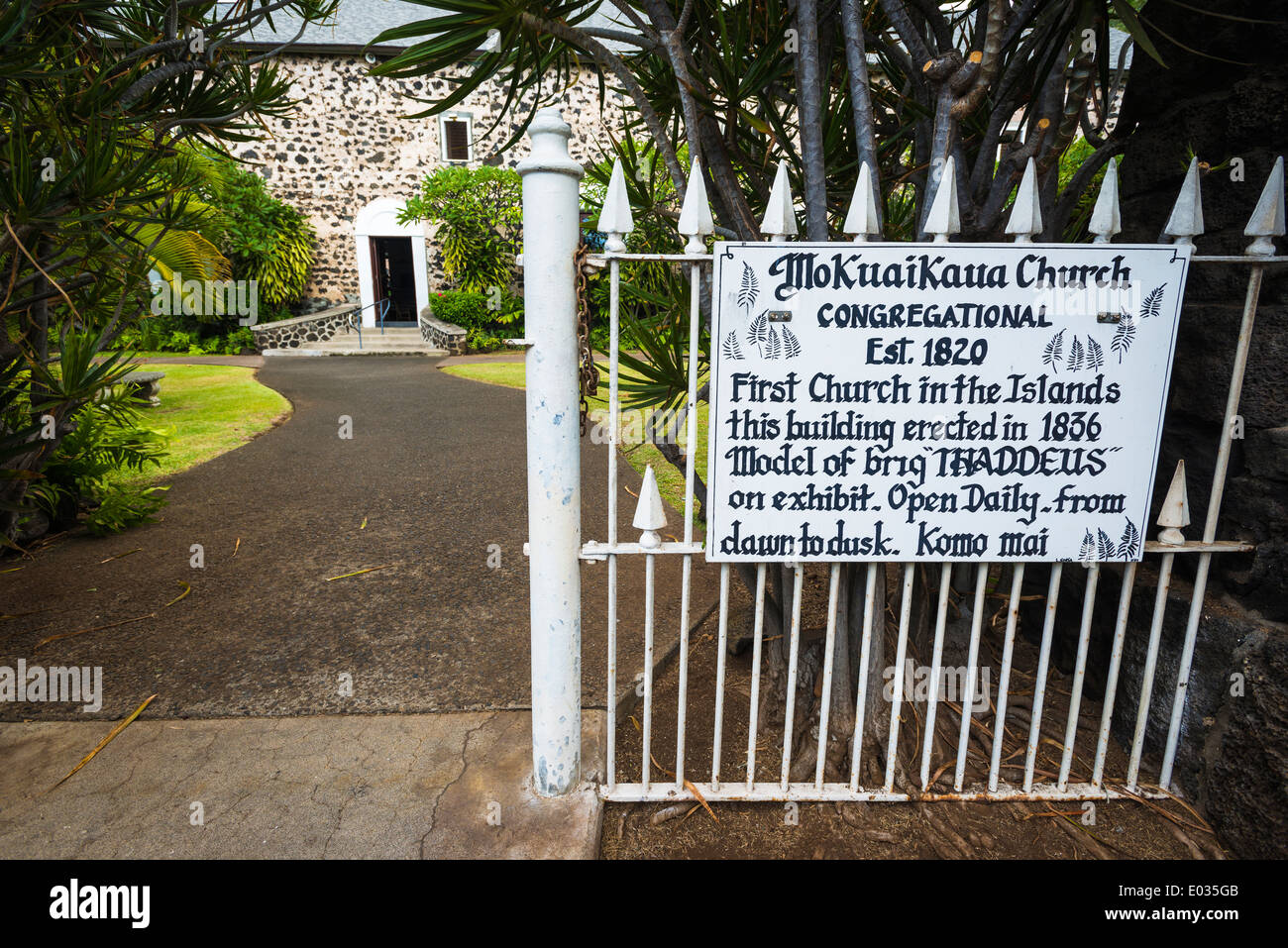 Entrance to Moku'aikaua Church (first church in Hawaii), Kailua-Kona, Hawaii USA Stock Photo