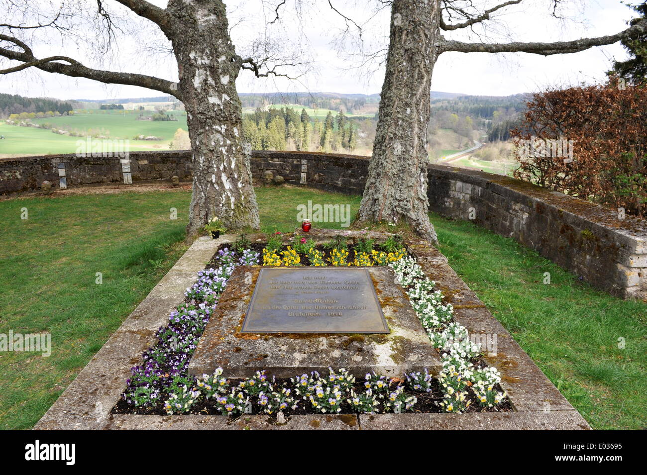 Ancient memorial place in Grafeneck near german village of Gomadingen commemorates the victims of nazi-euthanize. 16.04.2014 Stock Photo