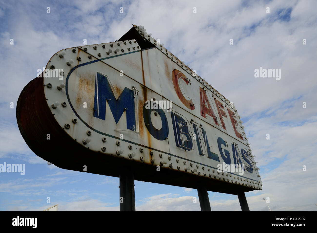 Old cafe and gas station sign in rural Illinois. Stock Photo