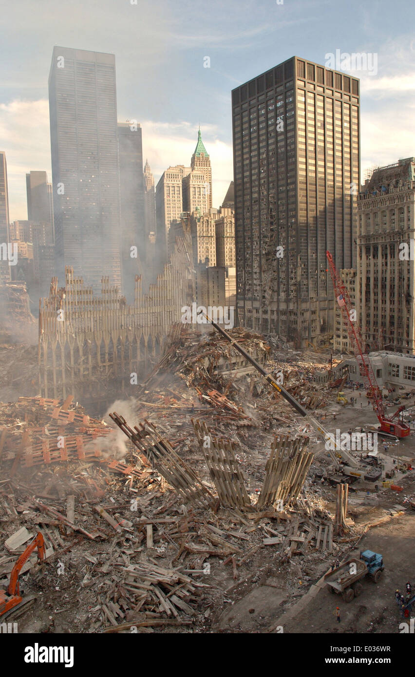 A view of the wreckage of the World Trade Center following a massive terror attack which destroyed the twin towers killing 2,606 people September 17, 2001 in New York, NY. Stock Photo