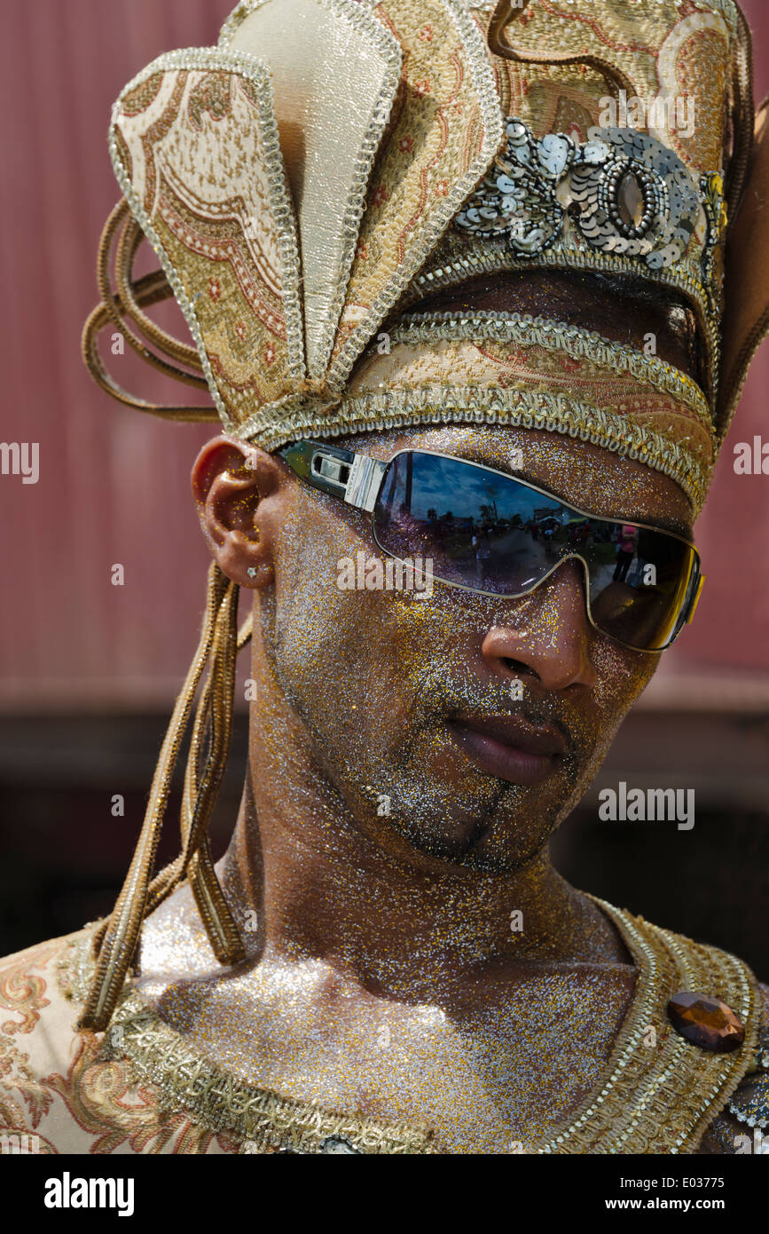 Dancer wearing costume at Carnival parade, Georgetown, Guyana Stock Photo