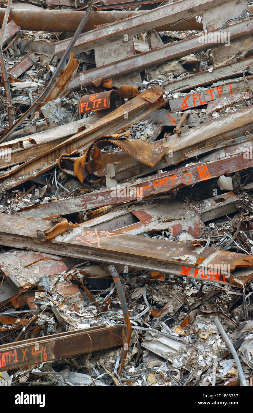 Piles of support beams amongst the wreckage of the World Trade Center in the aftermath of a massive terrorist attack which destroyed the twin towers killing 2,606 people September 19, 2001 in New York, NY. Stock Photo