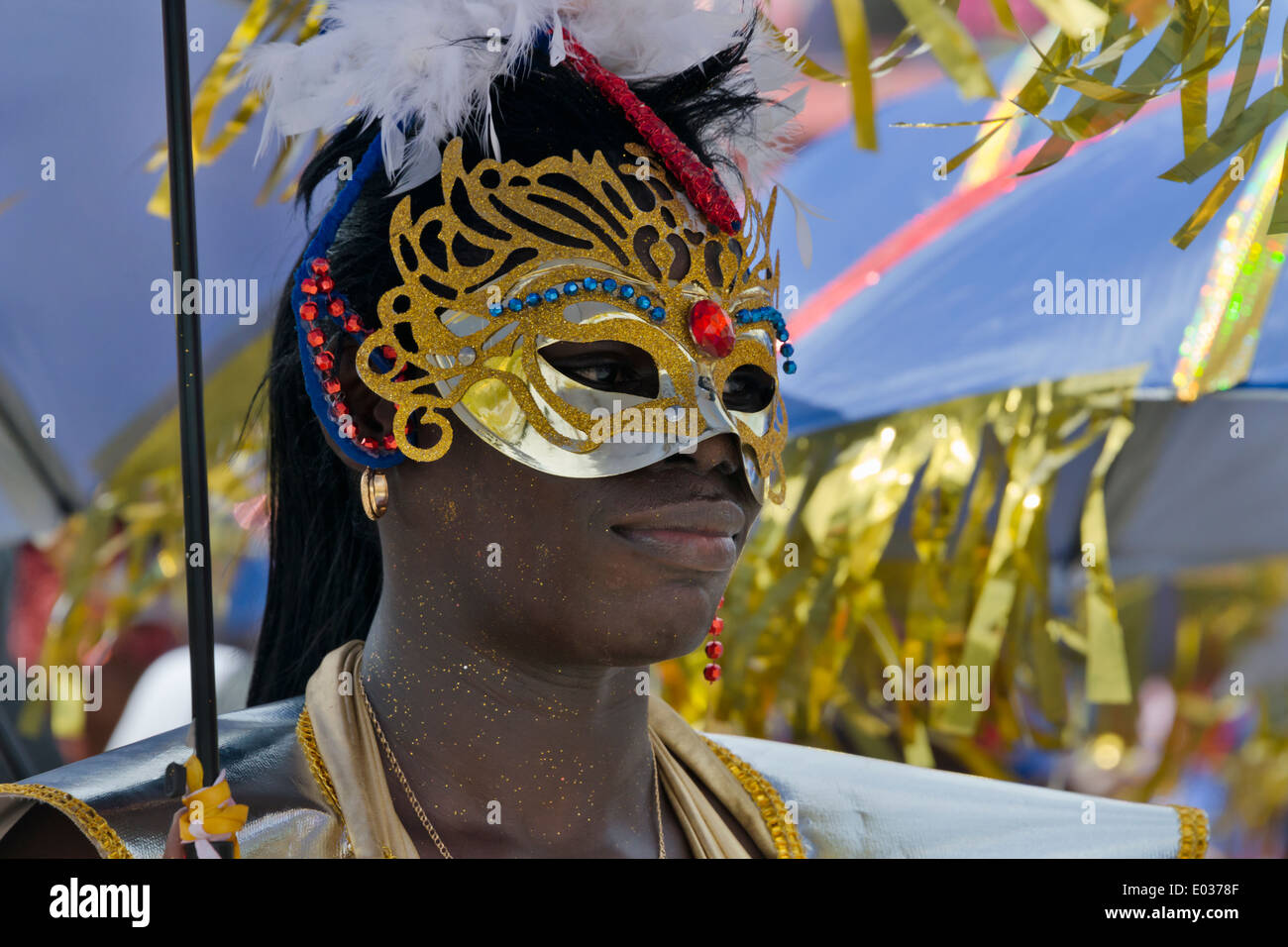 Dancer wearing costume at Carnival parade, Georgetown, Guyana Stock Photo
