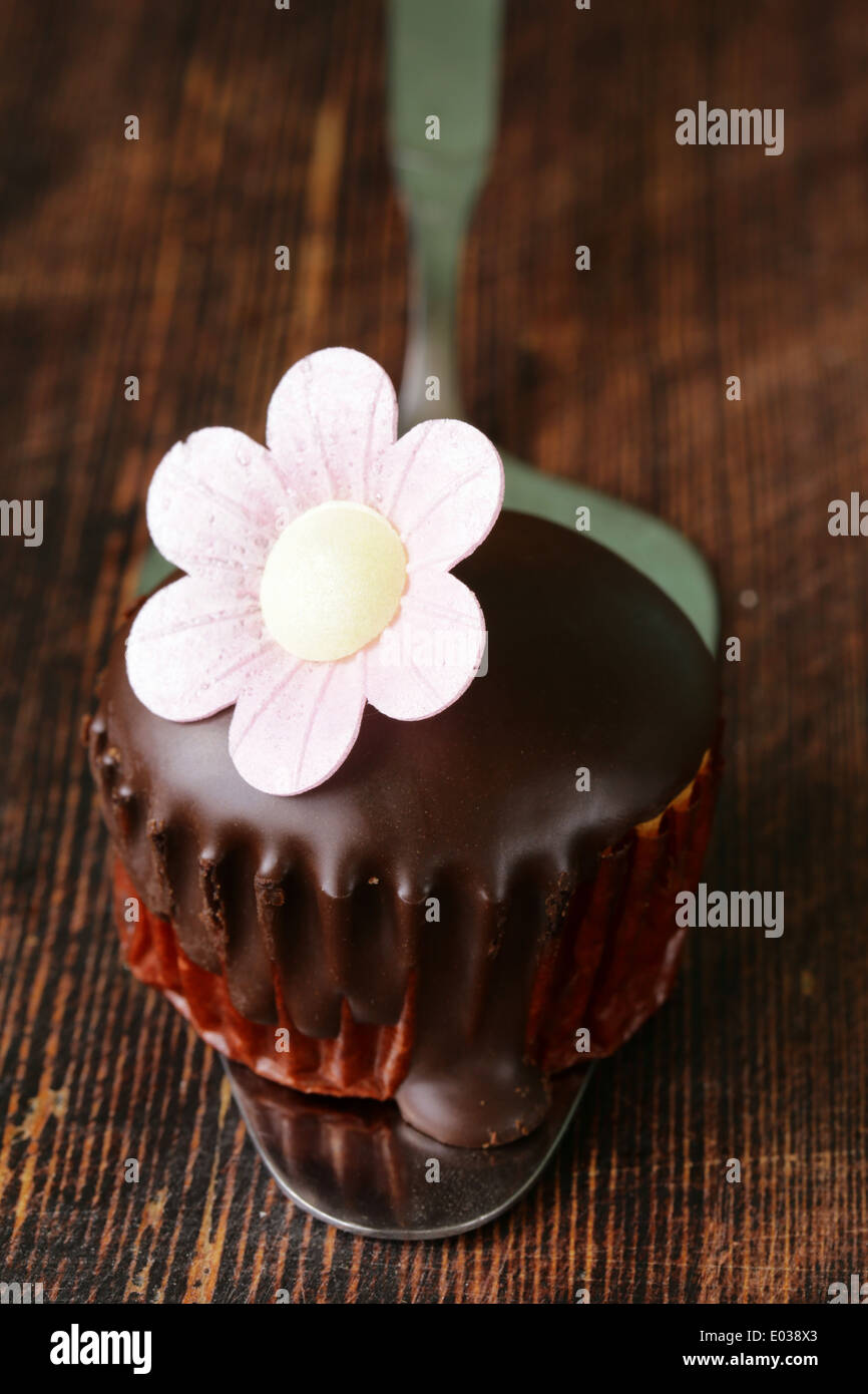 sweet cupcake with chocolate icing on a wooden background Stock Photo