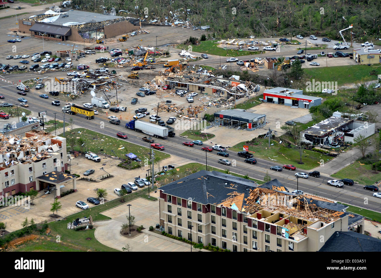 Tupelo, Mississippi, USA. 29th Apr, 2014. Aerial view of buildings at the intersection of Green and North Gloster destroyed by tornadoes that swept across the southern states killing 35 people April 29, 2014 in Tupelo, Mississippi. Credit:  Planetpix/Alamy Live News Stock Photo
