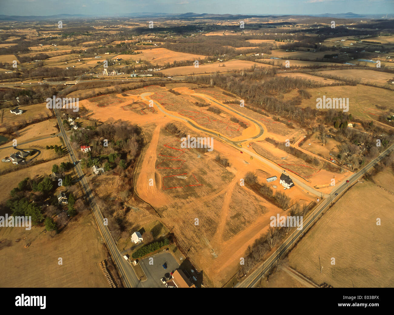 HAMILTON, VIRGINIA, USA Aerial of exposed soil at construction site