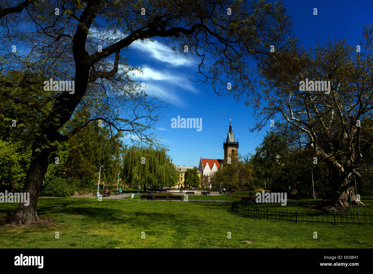 Charles Square Prague park, New Town Hall Tower, Prague, Czech Republic, Europe Stock Photo
