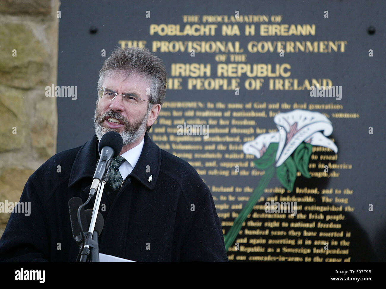 Sinn Fein president Gerry Adams speaking at a Easter Rising commemoration in MIlltown Cemetery Belfast, Northern Ireland Stock Photo