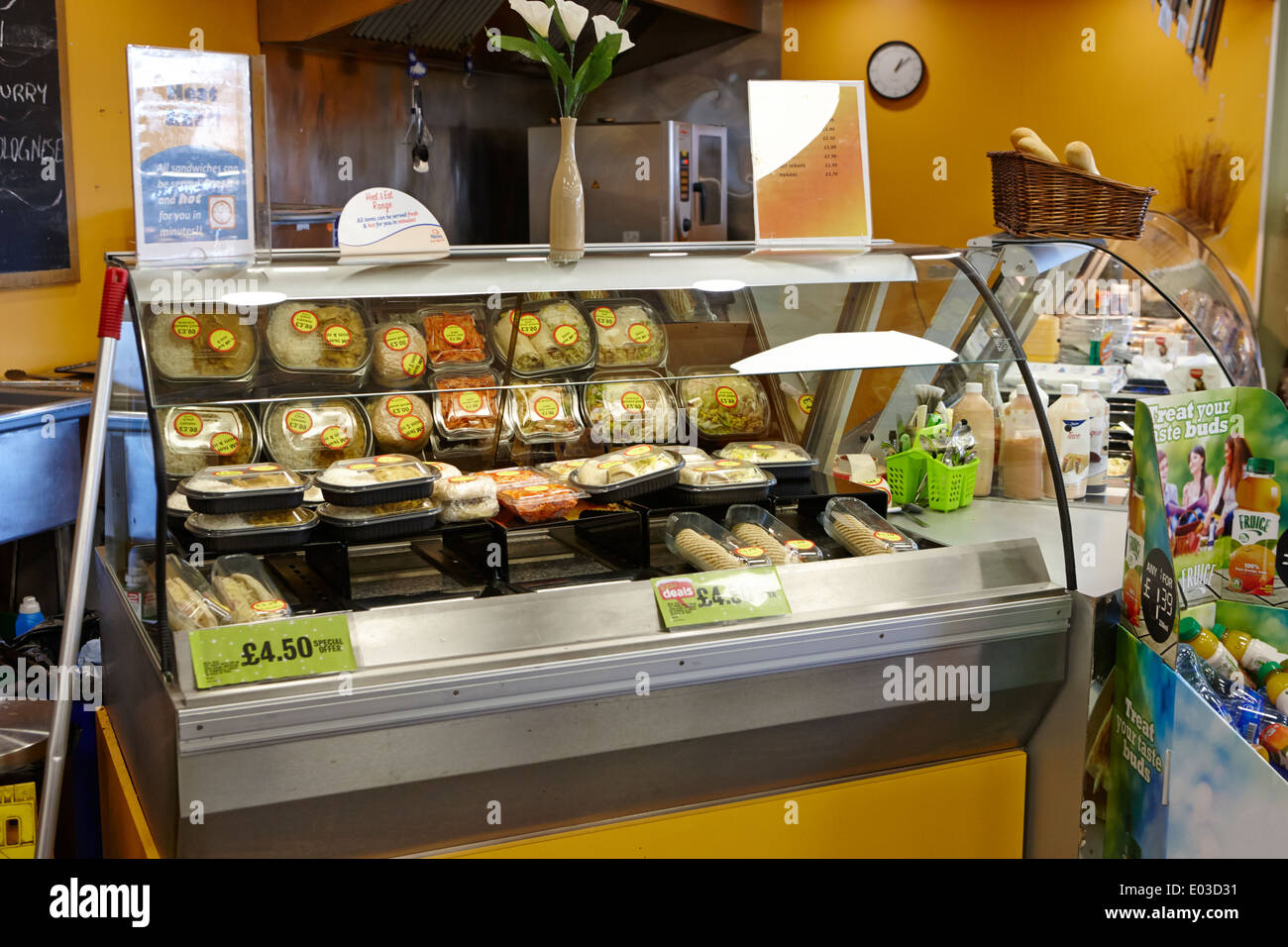 pre pack salads and sandwiches counter in a deli in a filling station convenience store in northern ireland Stock Photo