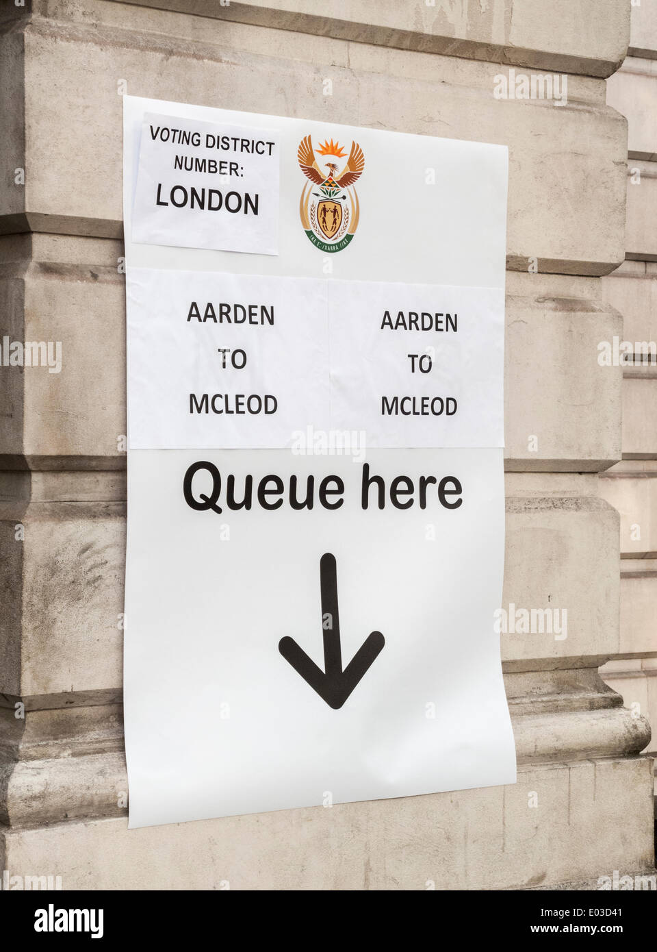 London, UK . 30th Apr, 2014. 30 April 2014 is the date on which expat voters may vote in the South African General Election, voting in the United Kingdom being at the South African High Commission, South Africa House, Trafalgar Square, London WC2.   This sign directed voters to the correct queue for persons named Aarden to Mcleod. Credit:  Graham Prentice/Alamy Live News Stock Photo