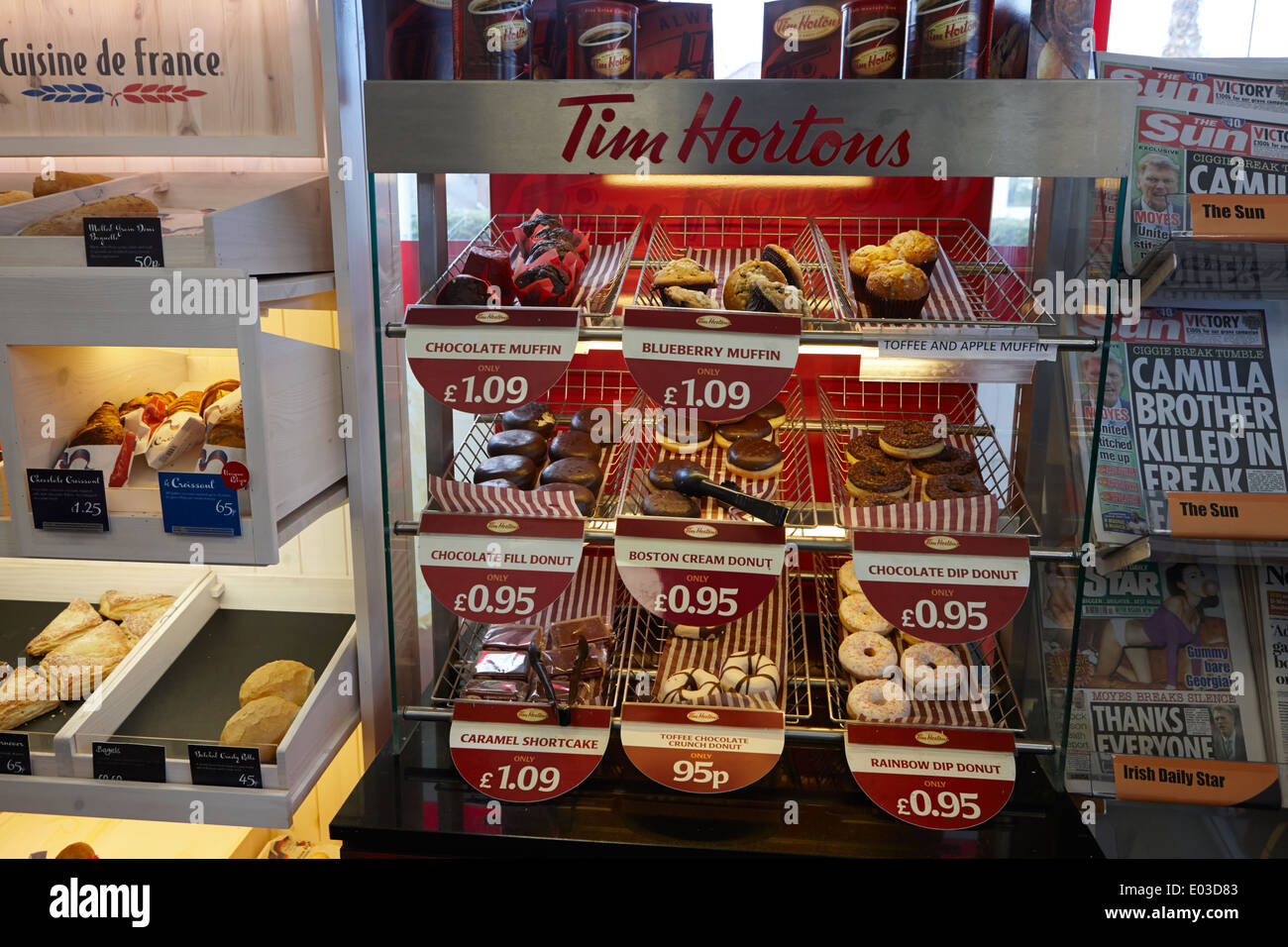 tim hortons donuts display in a filling station convenience store in northern ireland Stock Photo
