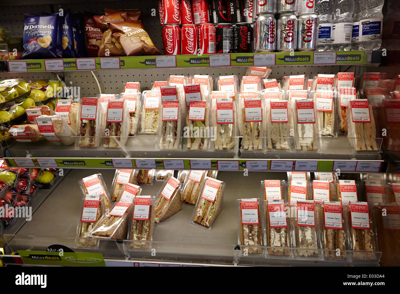 pre packed sandwiches and snacks on sale in a filling station convenience store in northern ireland Stock Photo