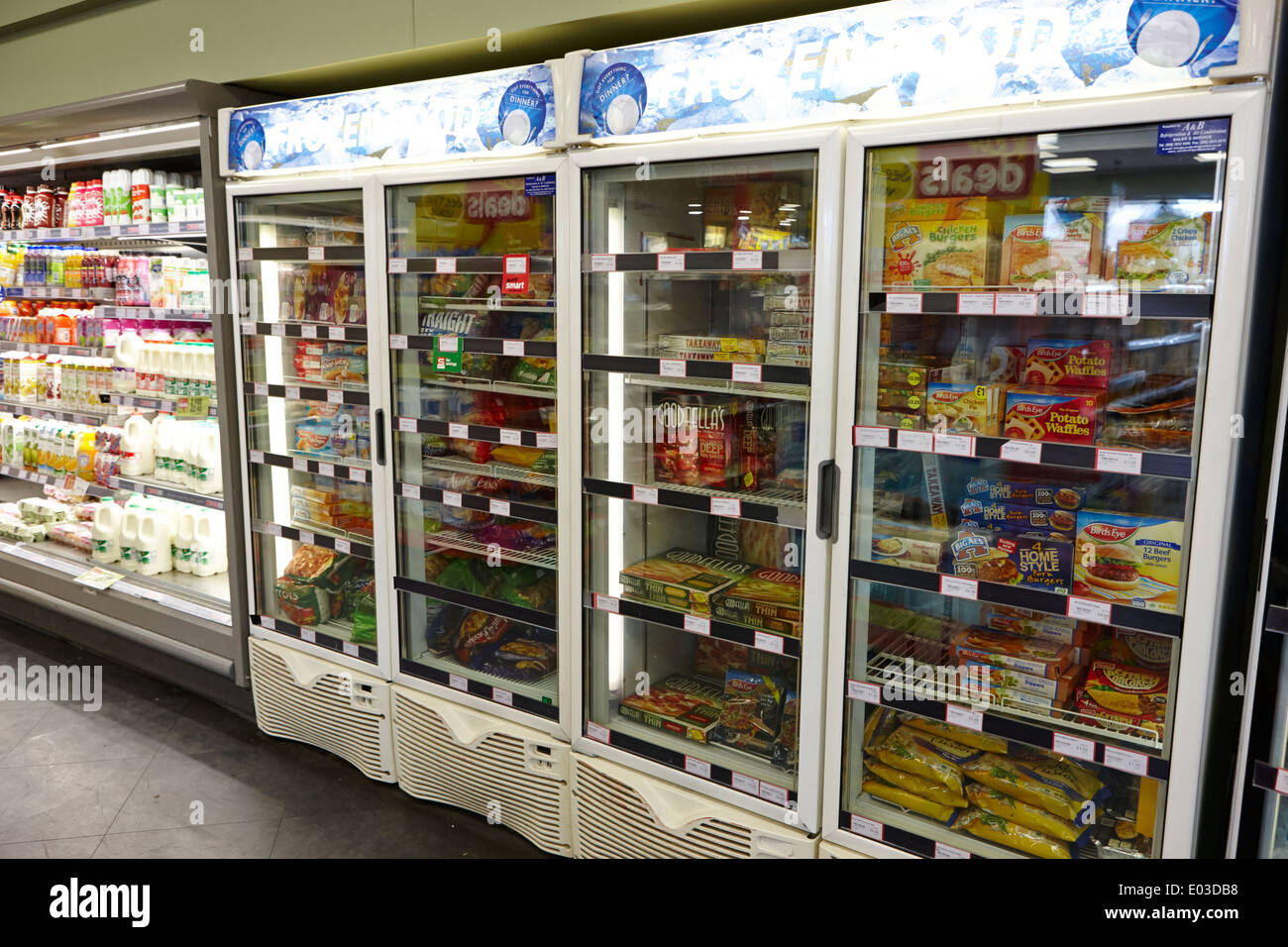 frozen food displays in a filling station convenience store in northern