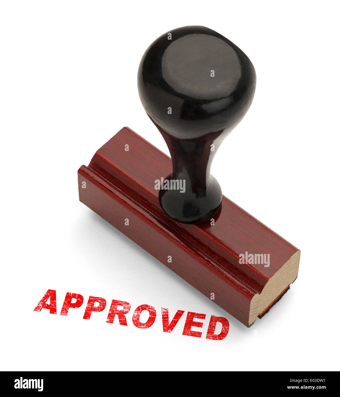 Red Approved Stamp with Wooden handle Rubber Stamper Isolated on White Background. Stock Photo