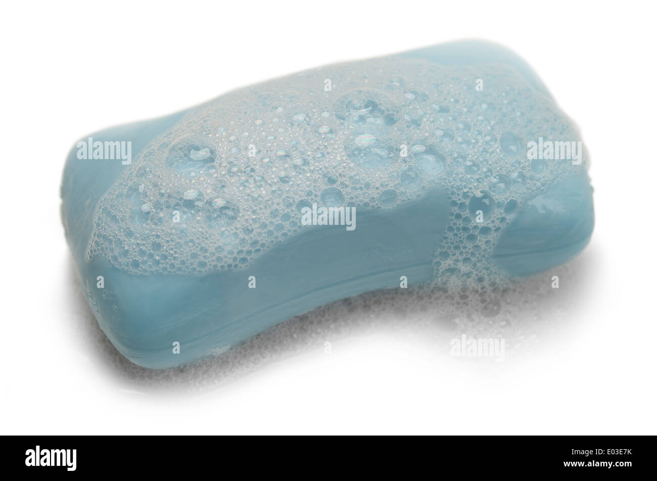 Blue Soap with Bubbles Isolated on White Background. Stock Photo