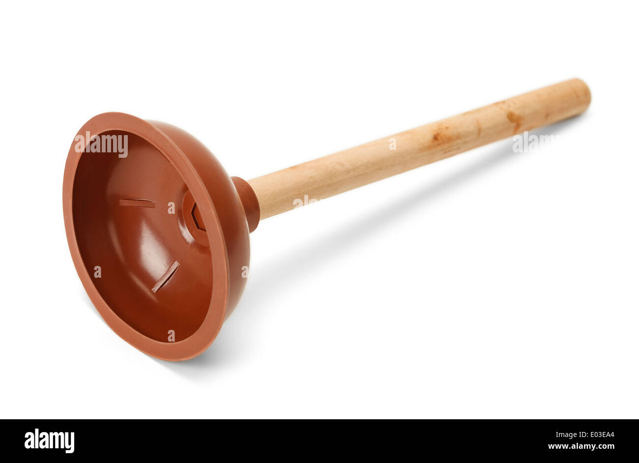 Bathroom Plunger with Red Rubber Cup and Wood Handle Isolated on White Background. Stock Photo