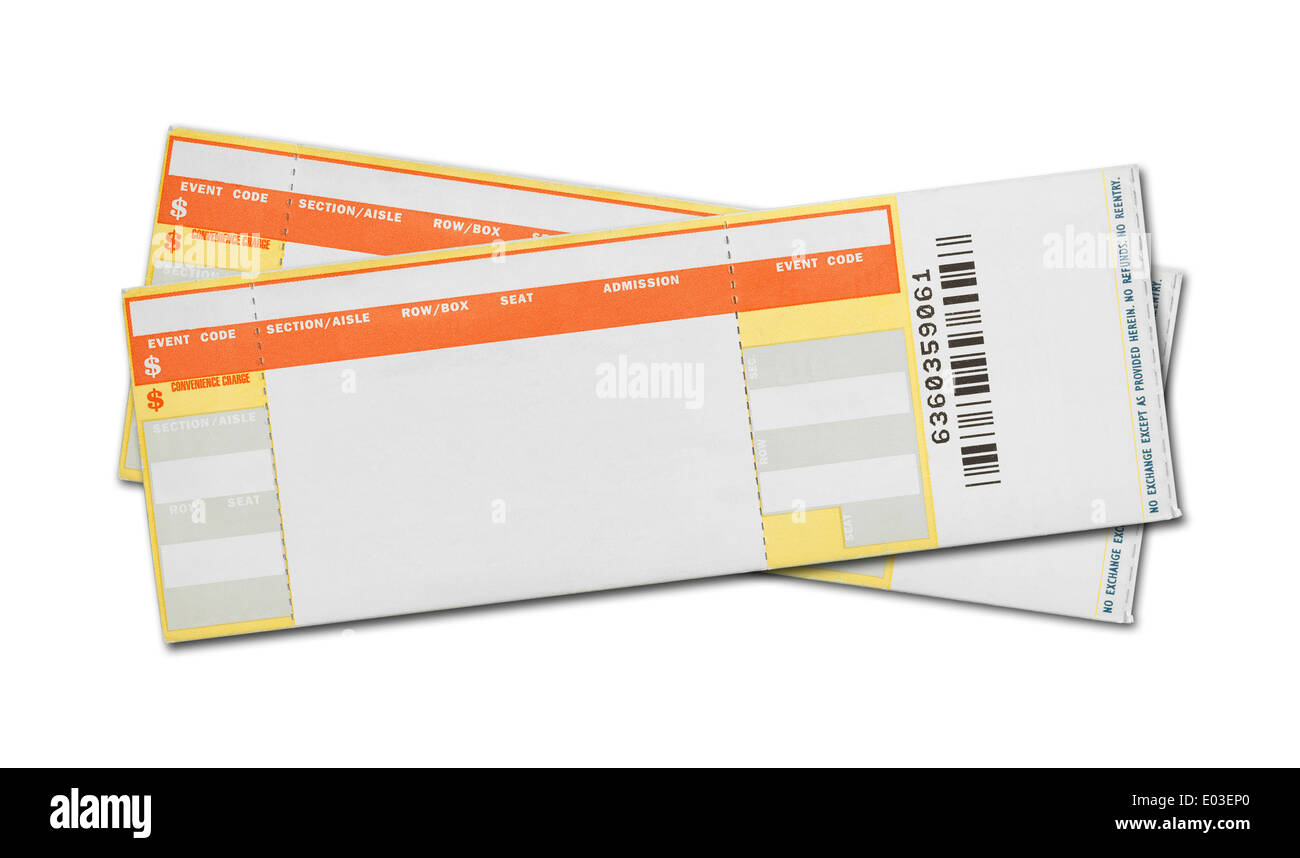 Pair of Blank Concert Tickets Isolated on White Background. Stock Photo