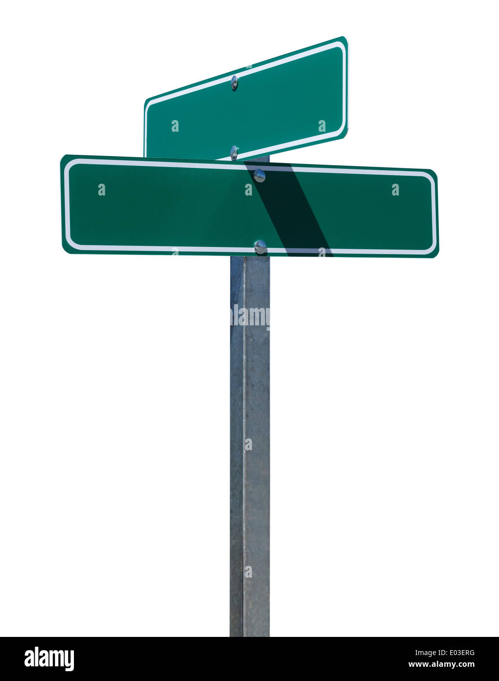 Two Green Street Signs on Metal Pole With Copy Space Isolated on White Background. Stock Photo