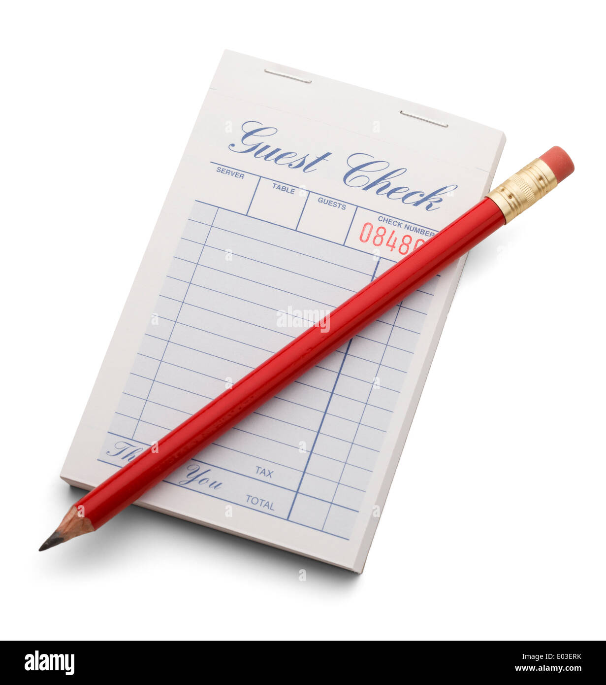 Blank guest check with red pencil isolated on a white background. Stock Photo