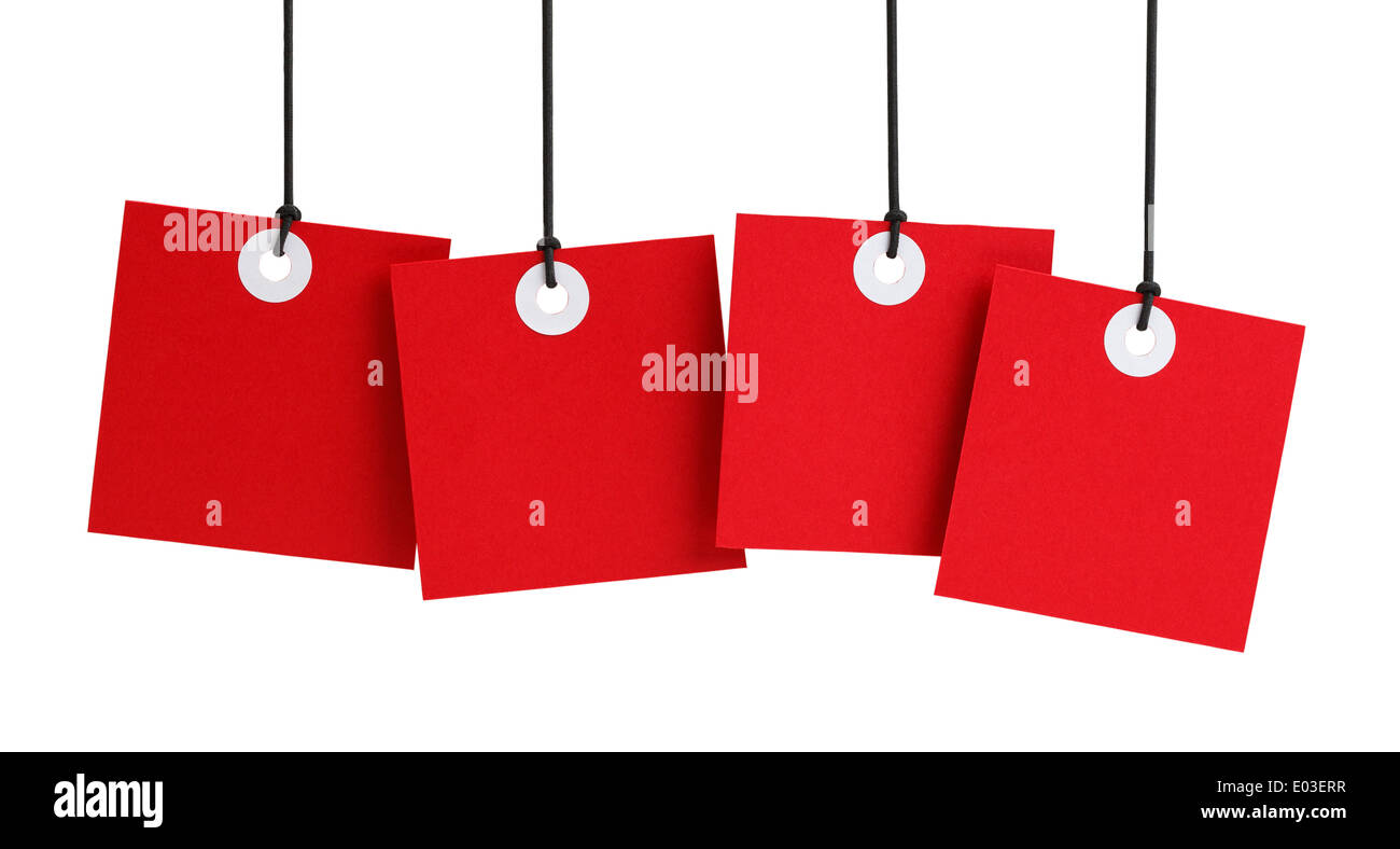 Four Red Square Tags with Copy Space Isolated on White Background. Stock Photo