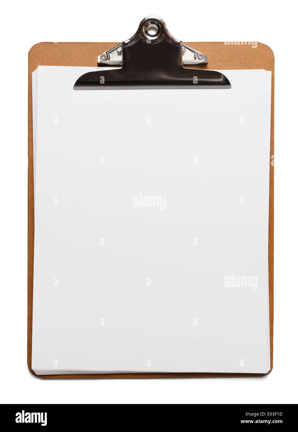 Classic brown clipboard with blank white paper on isolated background. Stock Photo