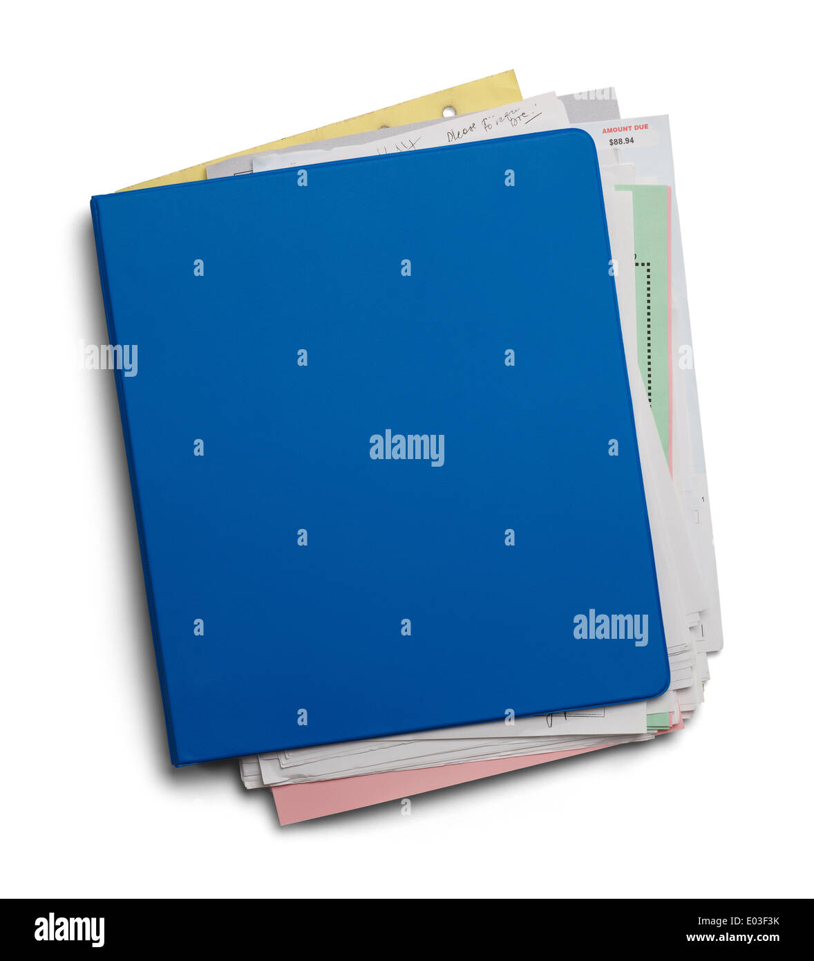 Three Ring Binder With Shuffled Papers Isolated on White Background. Stock Photo