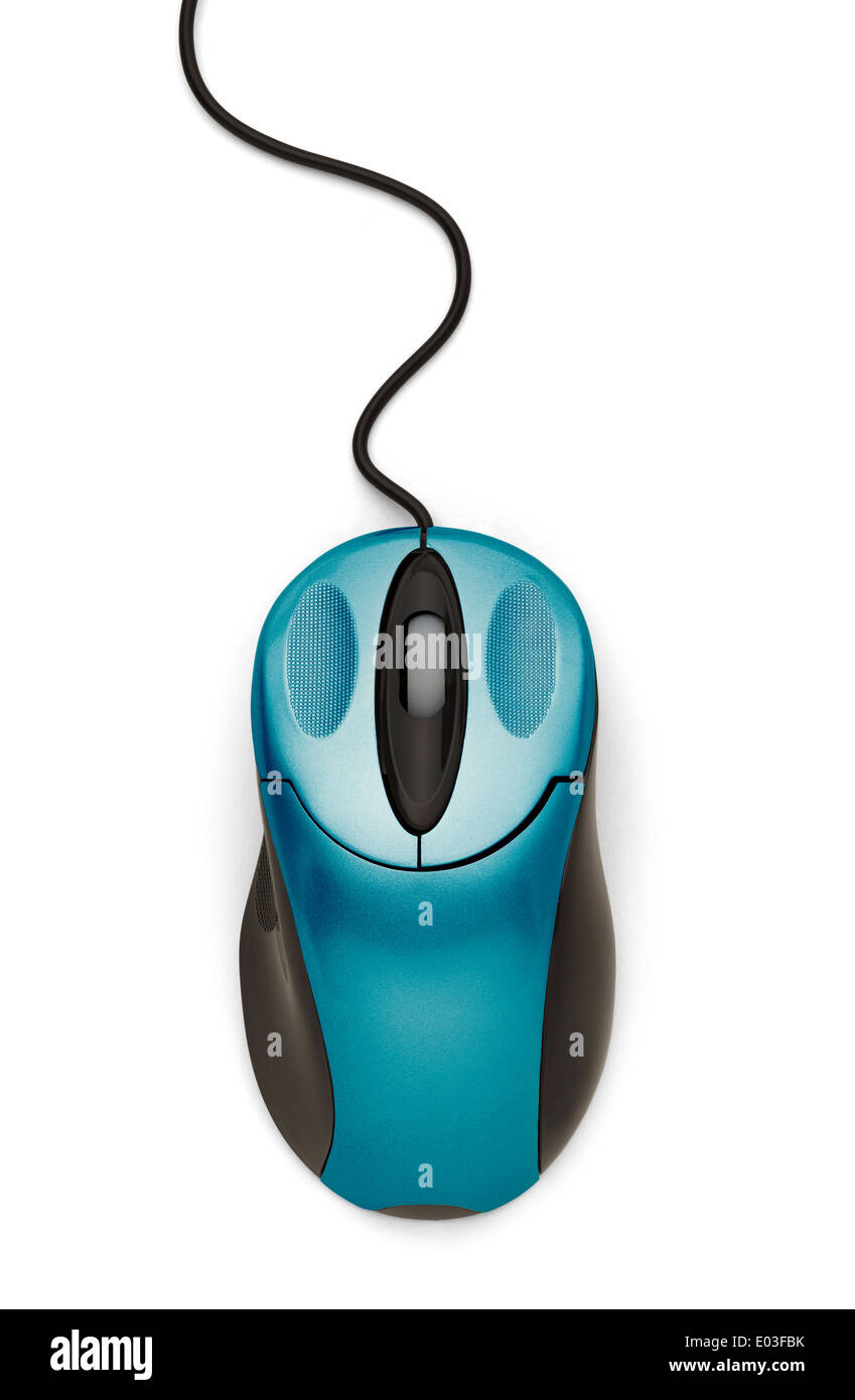 Blue Computer Mouse with Cord Isolaed on White Background. Stock Photo