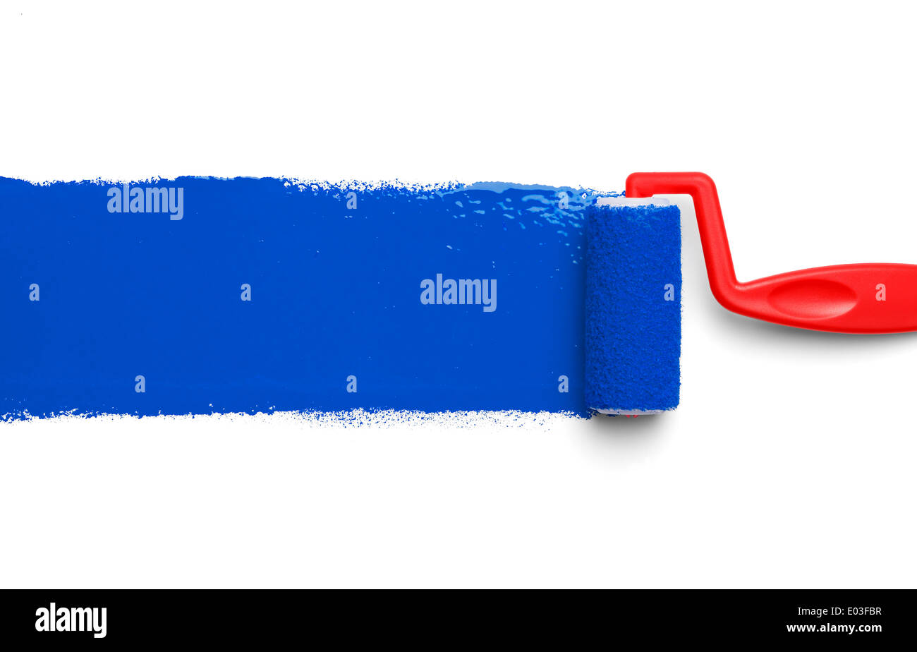 Red Paint Roller with Blue Paint Isolated on White Background Stock