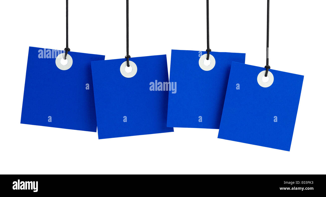 Four Blue Square Tags with Copy Space Isolated on White Background. Stock Photo