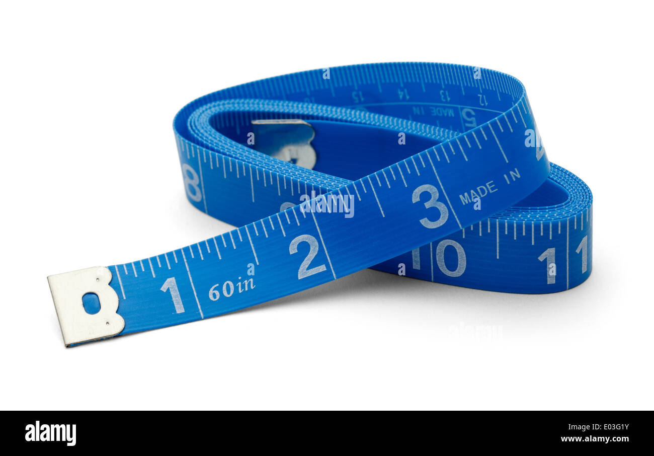 Tailors tape measure cut out against a white background. Blue