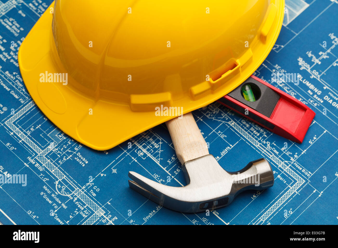 Construction Blueprints and Tools with Hard Hat Stock Photo - Alamy