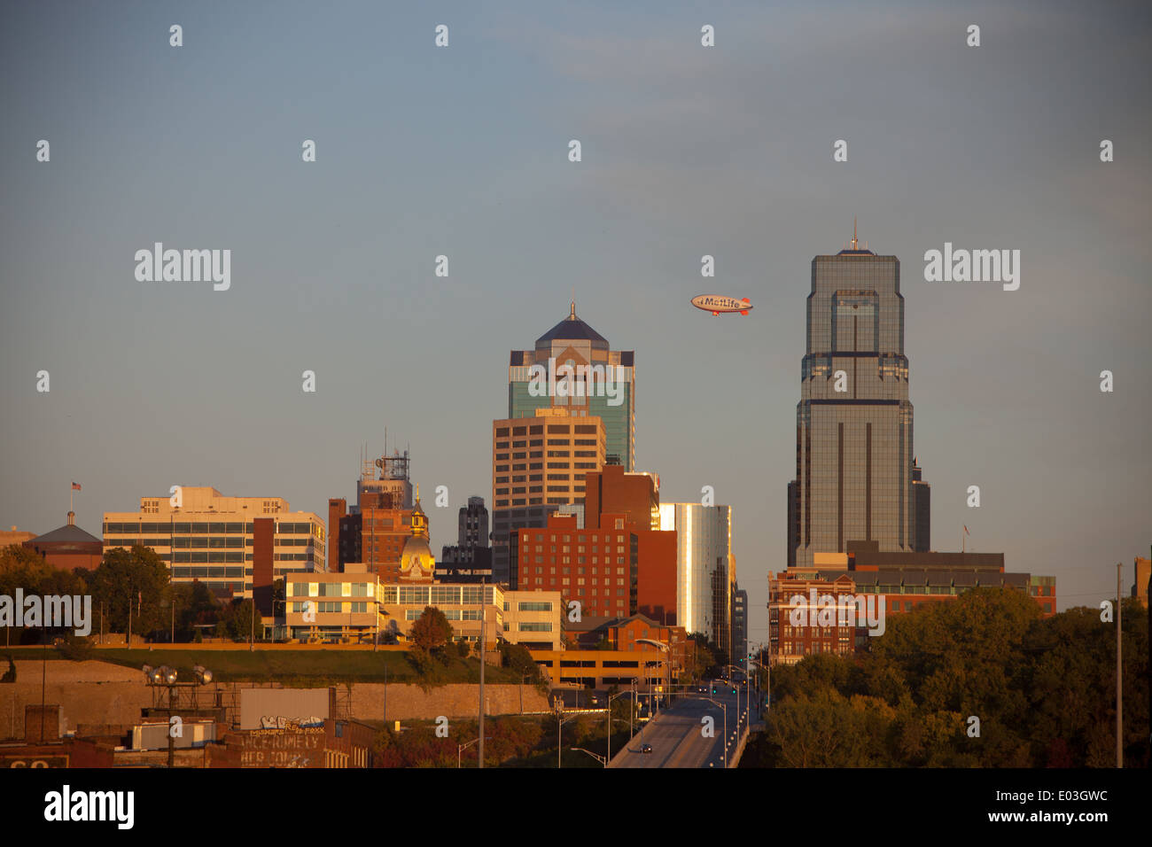 The Kansas City, MO skyline as a blimp soars high above. Stock Photo