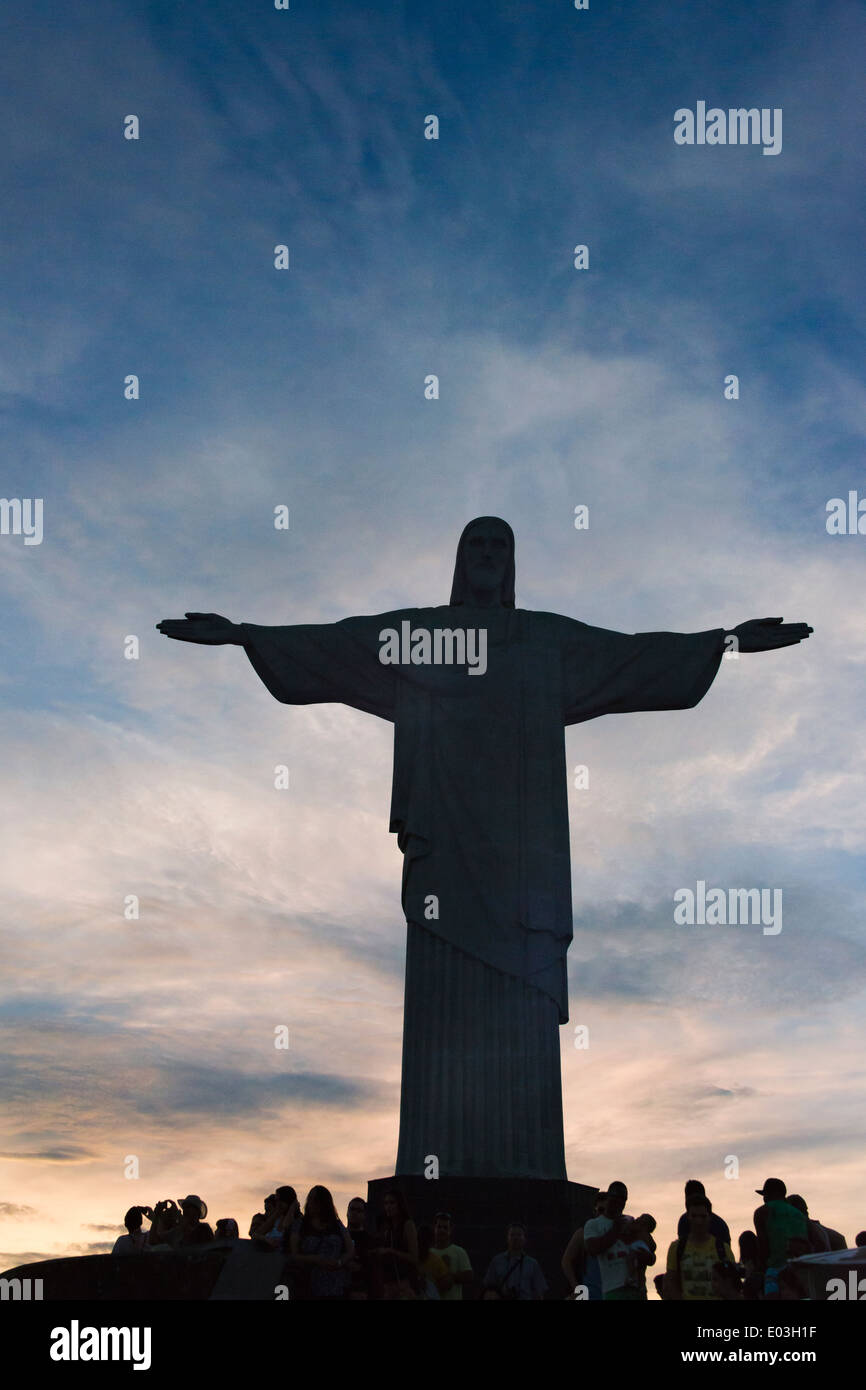 Tourists watching statue of Christ the Redeemer on Corcovado, Rio de Janeiro, Brazil Stock Photo