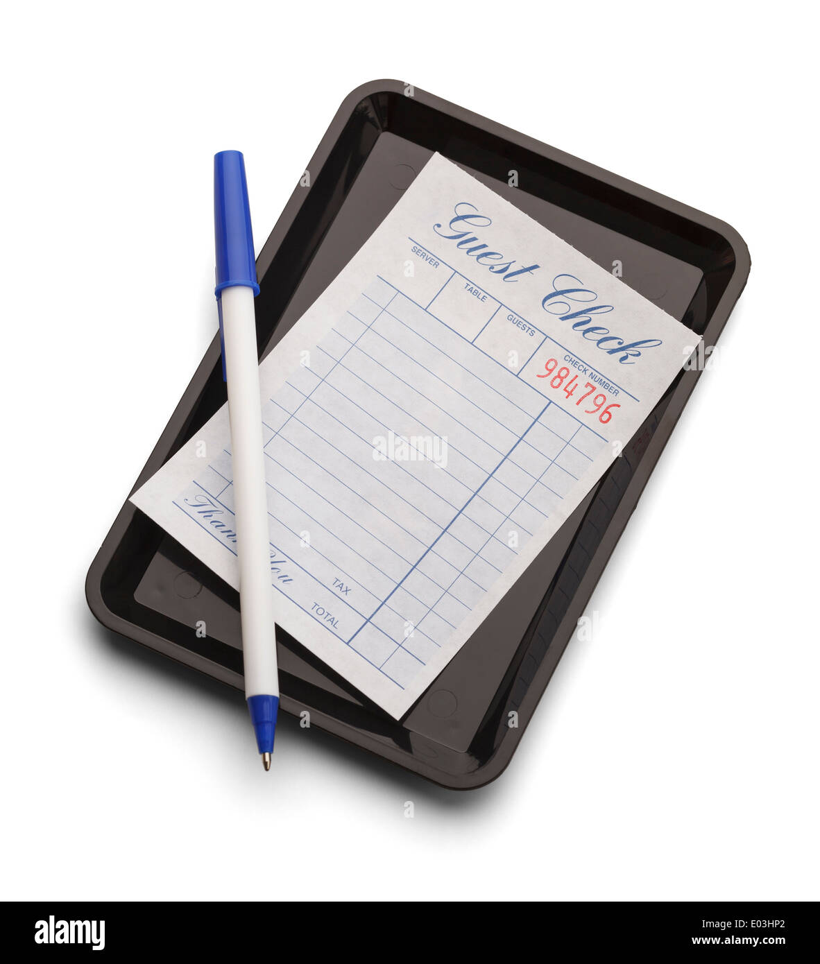 Black tray with blue check and pen isolated on a white background. Stock Photo