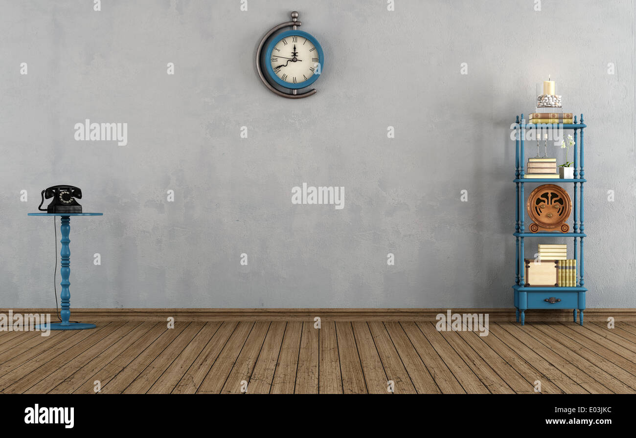 Empty vintage room with little bookshelves,clock and old telephone - rendering Stock Photo