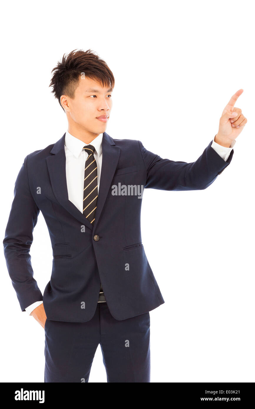 businessman hand and finger touching screen on white background Stock Photo