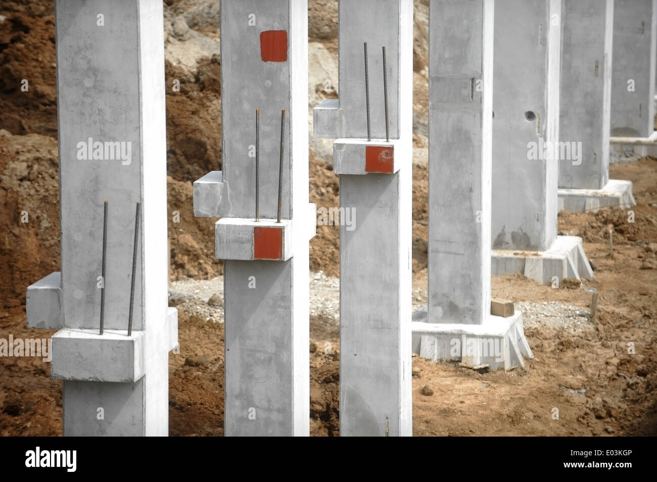 Construction site detail with several concrete pillars Stock Photo