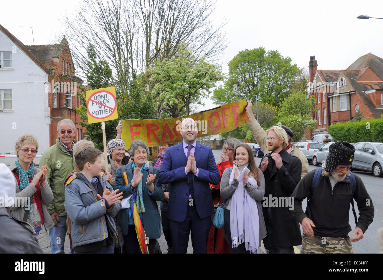 Eastbourne, East Sussex, UK.1 May 2014.Jubilant Simon Welsh with supporters outside Eastbourne Law Court acquitted of charge relating to his arrest at Anti Fracking demonstration in Balcombe last September. Simon was the only Balcombe resident arrested. More protests can now be expected at Cuadrillas Balcombe site as the company has been given permission by West Sussex County Council to continue work. Stock Photo