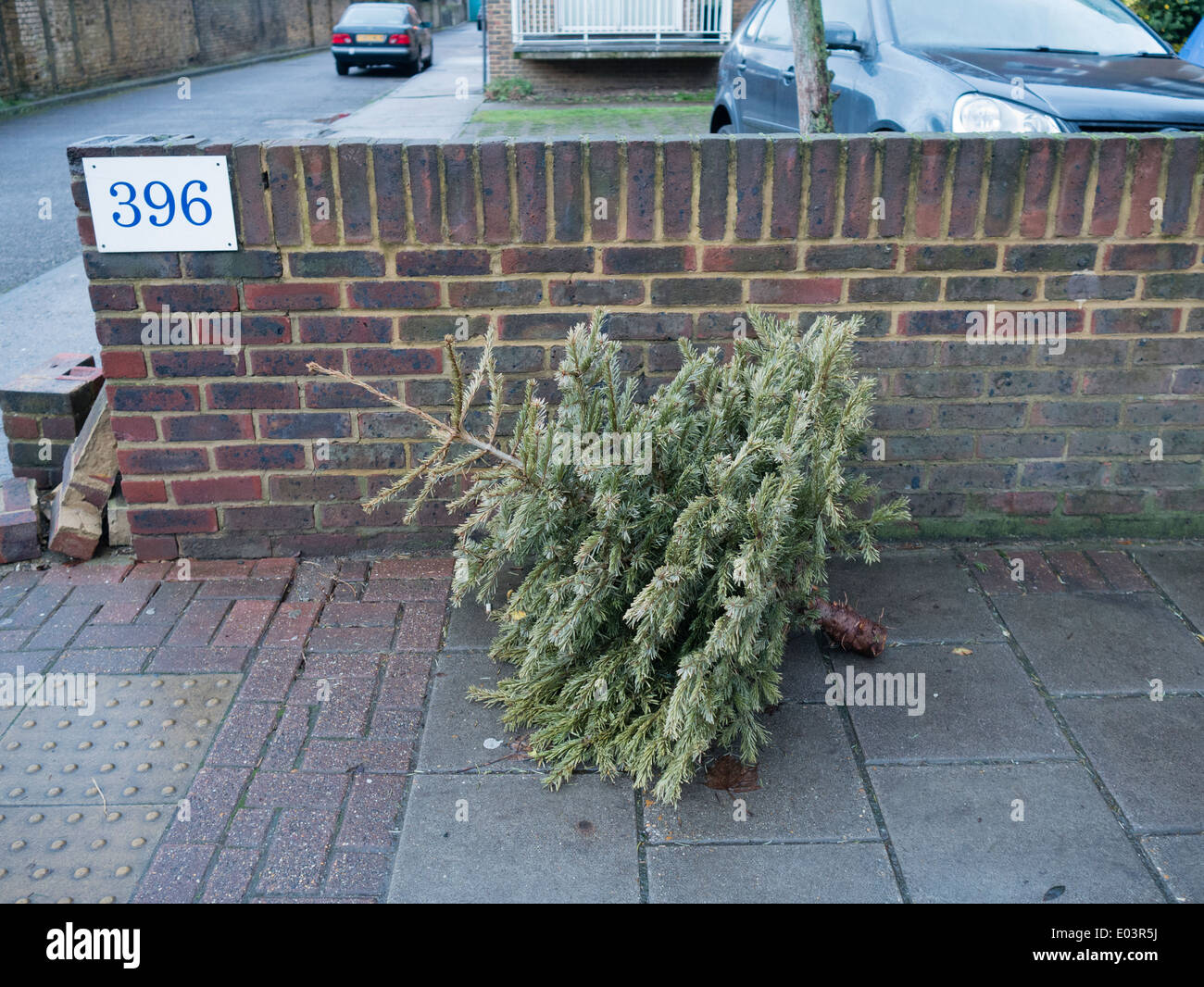 A christmas tree thrown out on the street Stock Photo