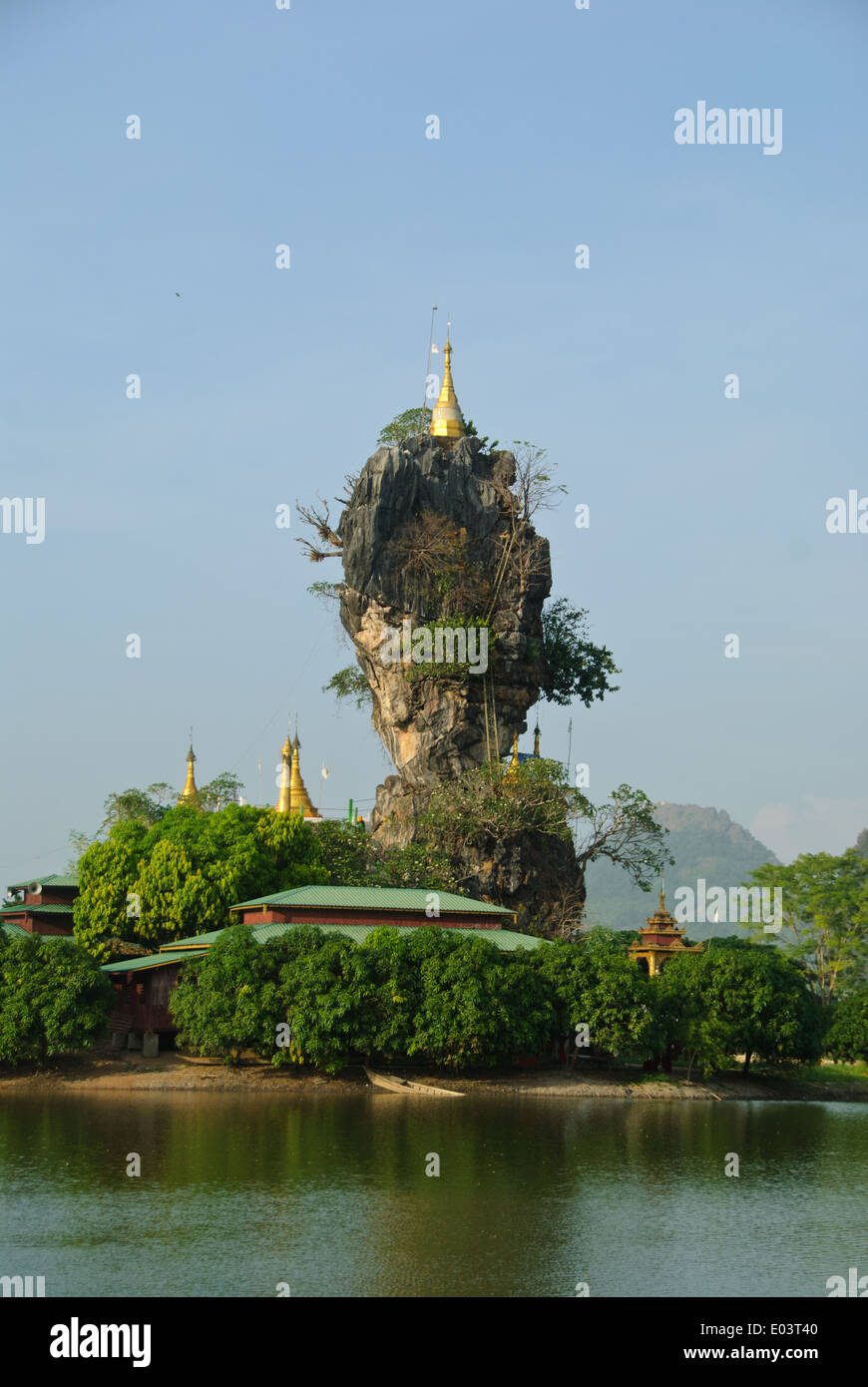 Pagodas on a tall finger rock at Kyauk Kalap, Hpa-an. Stock Photo