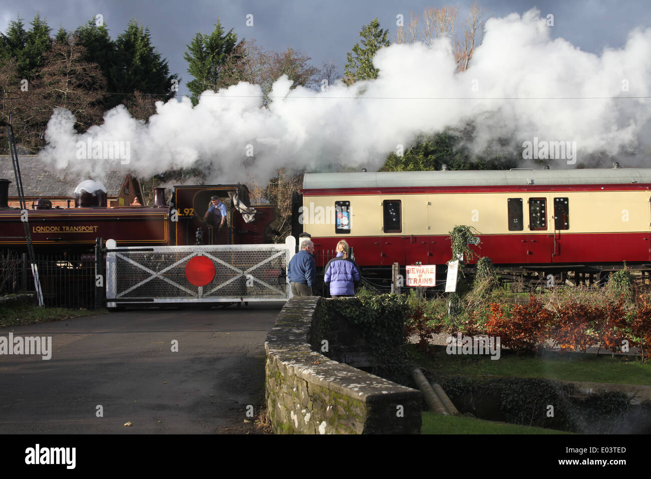 An old steam train passing through Staverton village in Devon, puffing steam and smoke into the sky. A sunny day with moody sky. Vintage travel Stock Photo