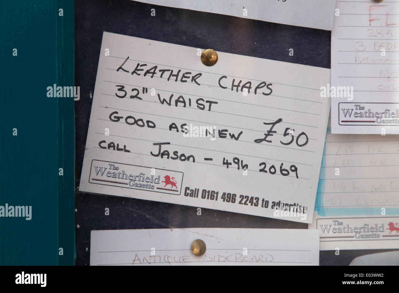 Fictional for sale ad in the Kabin corner shop on the set of Coronation Street,UK's longest running TV soap opera Stock Photo