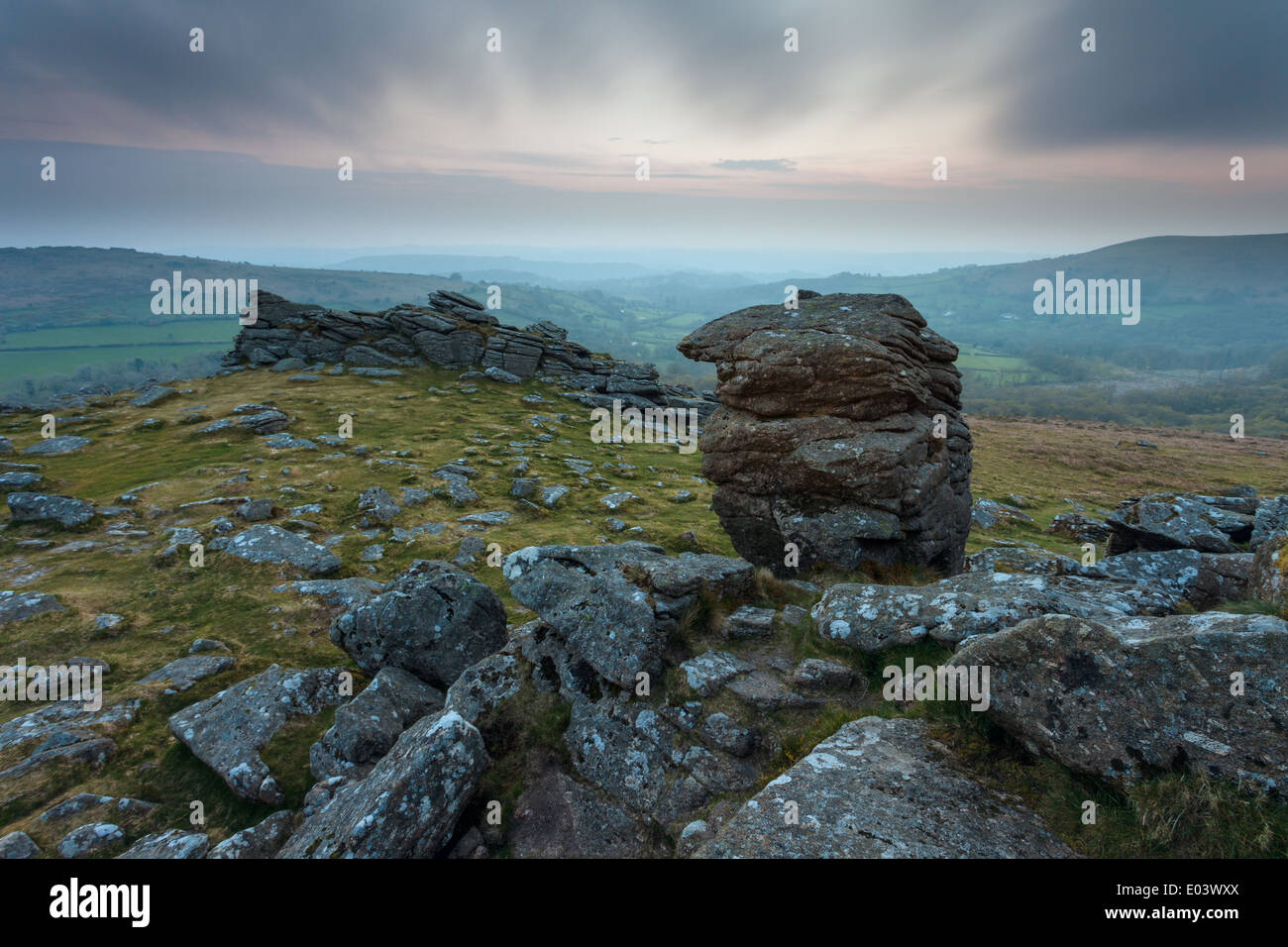 Misty morning at Hound Tor, Dartmoor National Park, Devon, England